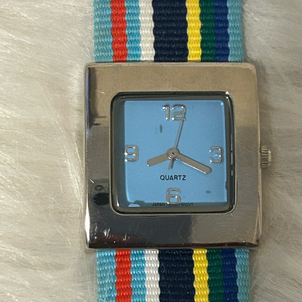 Silver Quartz Watch with Multicolor Strap